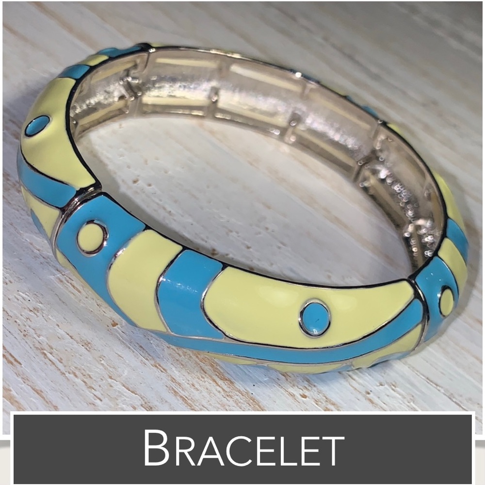 Bracelet Turquoise‎ & Pale Yellow Stretch Bangle in Art Deco Pattern